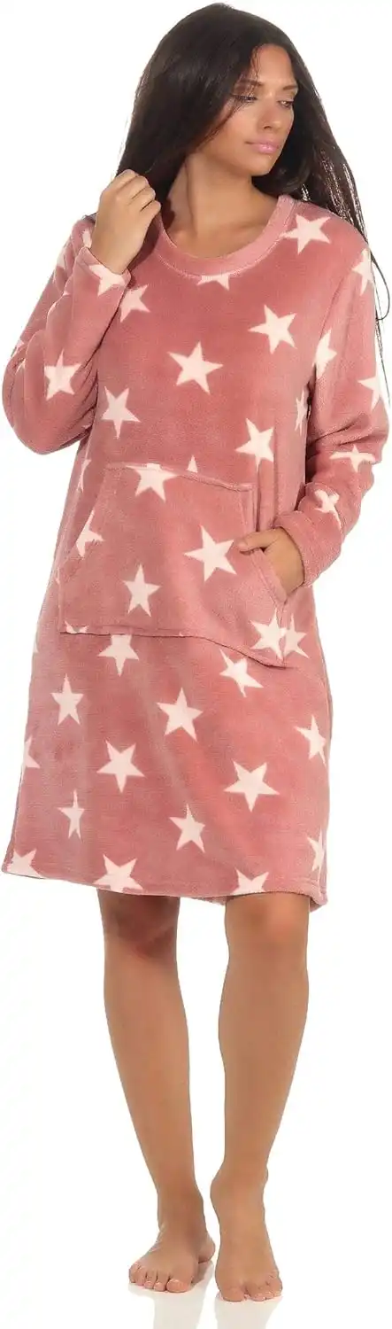 Normann Fleece dames nachthemd - Stars - Warm winter nachtjapon lange mouwen