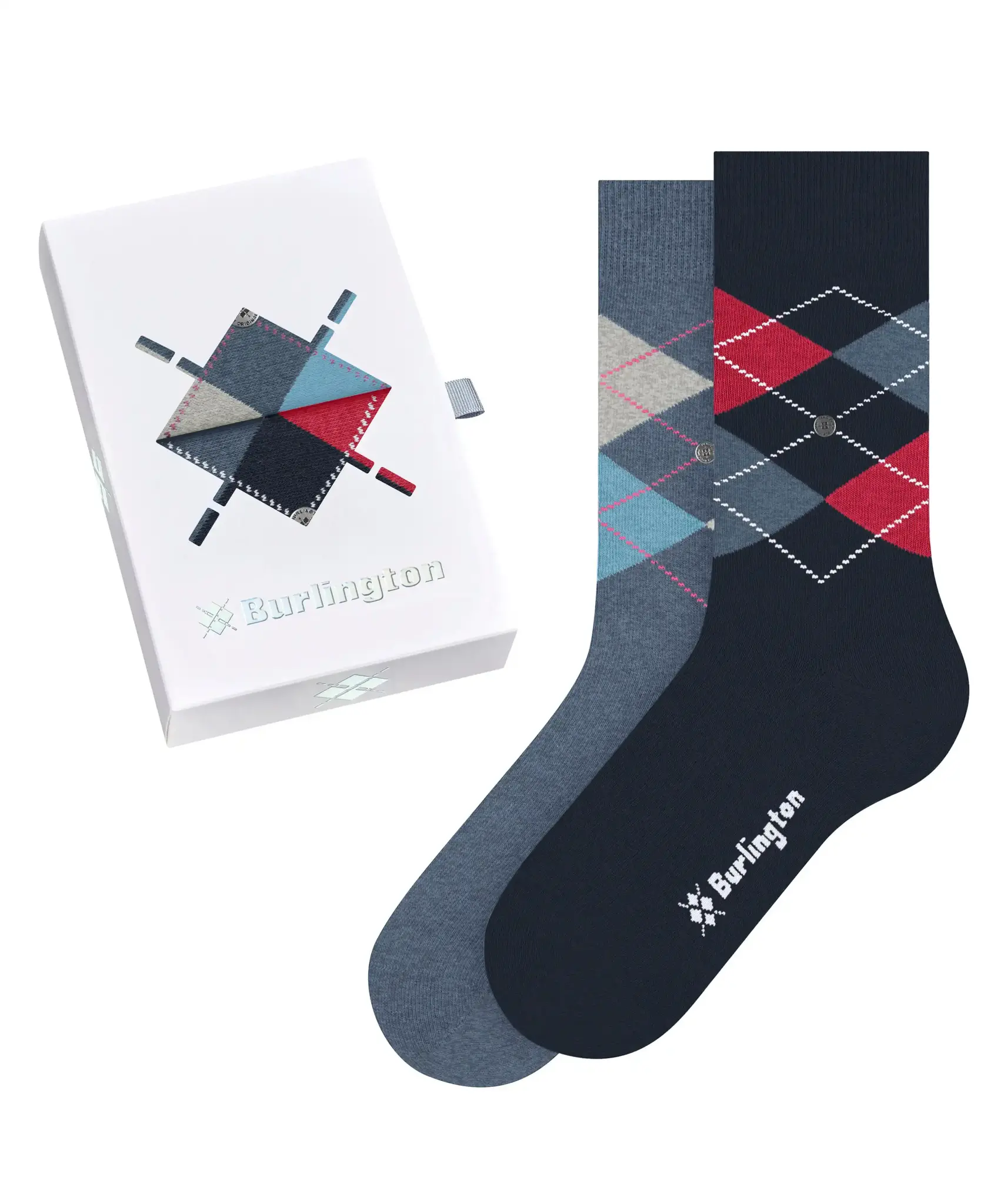 Burlington 2-paar dames sokken - Cadeau verpakking - Biologisch katoenen sokken met ruit print