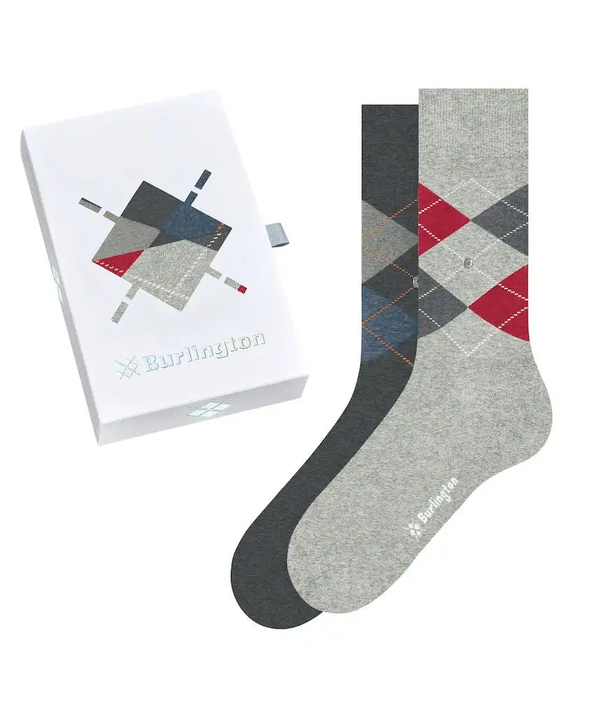 Burlington 2-paar heren sokken - Cadeau verpakking - Gift Box - Katoenen sokken met ruit print