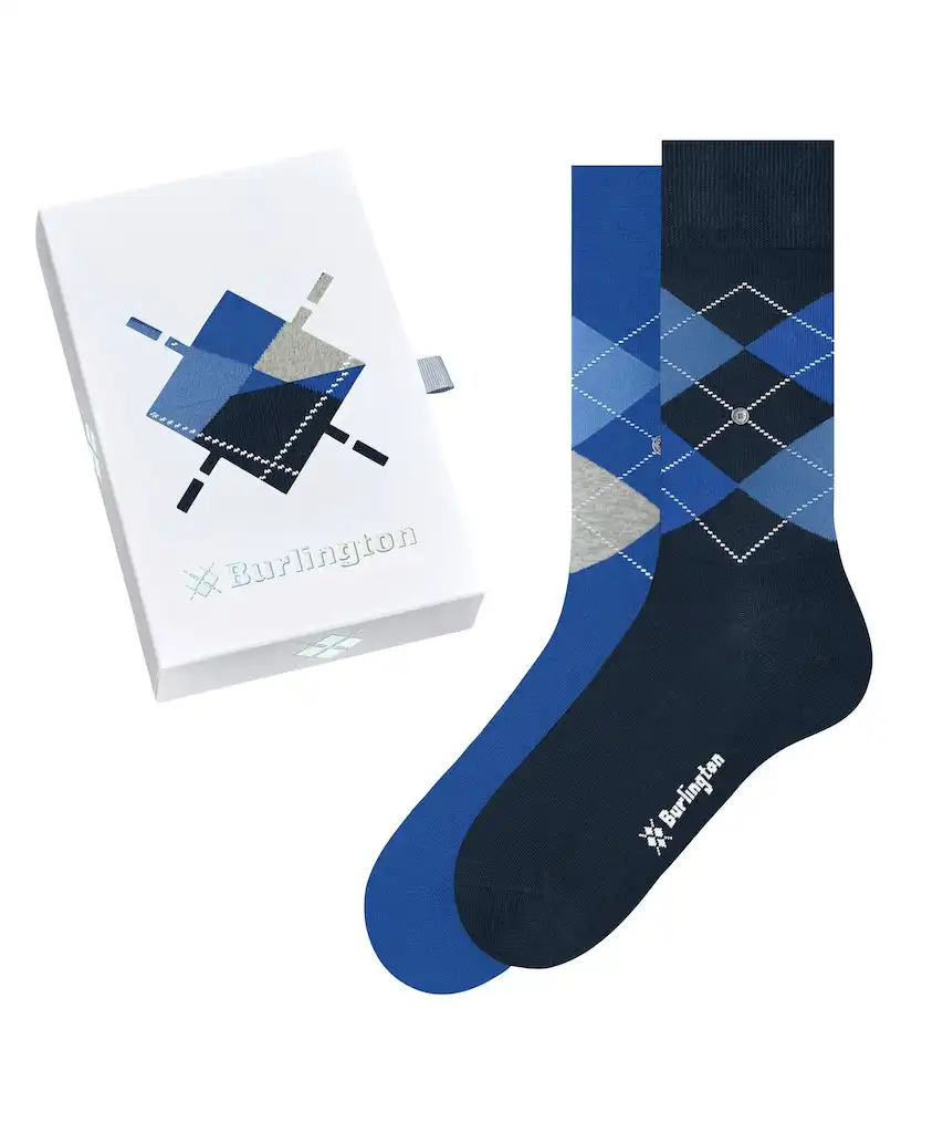 Burlington 2-paar heren sokken - Cadeau verpakking - Gift Box - Katoenen sokken met ruit print