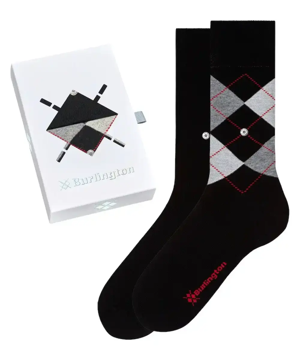 Burlington 2-paar heren sokken - Cadeau verpakking - Gift Box - Katoenen sokken met ruit print