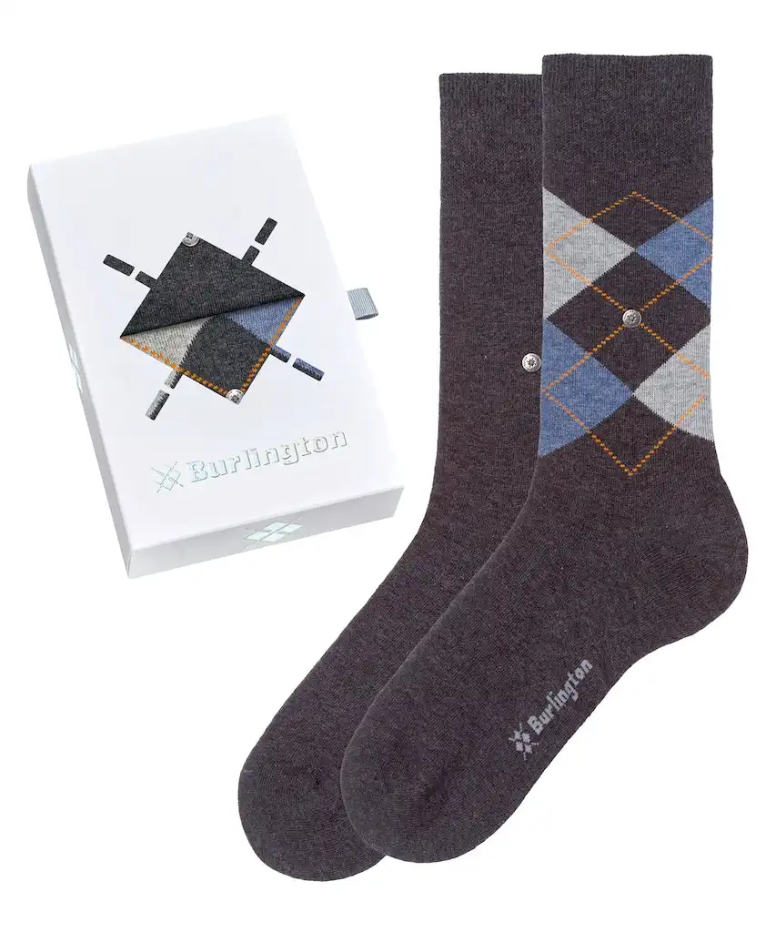 Burlington 2-paar heren sokken - Cadeau verpakking - Gift Box - Katoenen sokken met ruit print