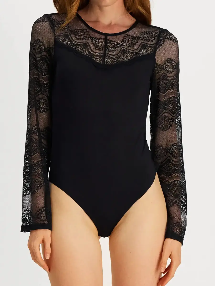 Pieces kanten body dames - Lace top Sinna - Zwarte bodysuit lange mouwen met hoge hals - lingerie body