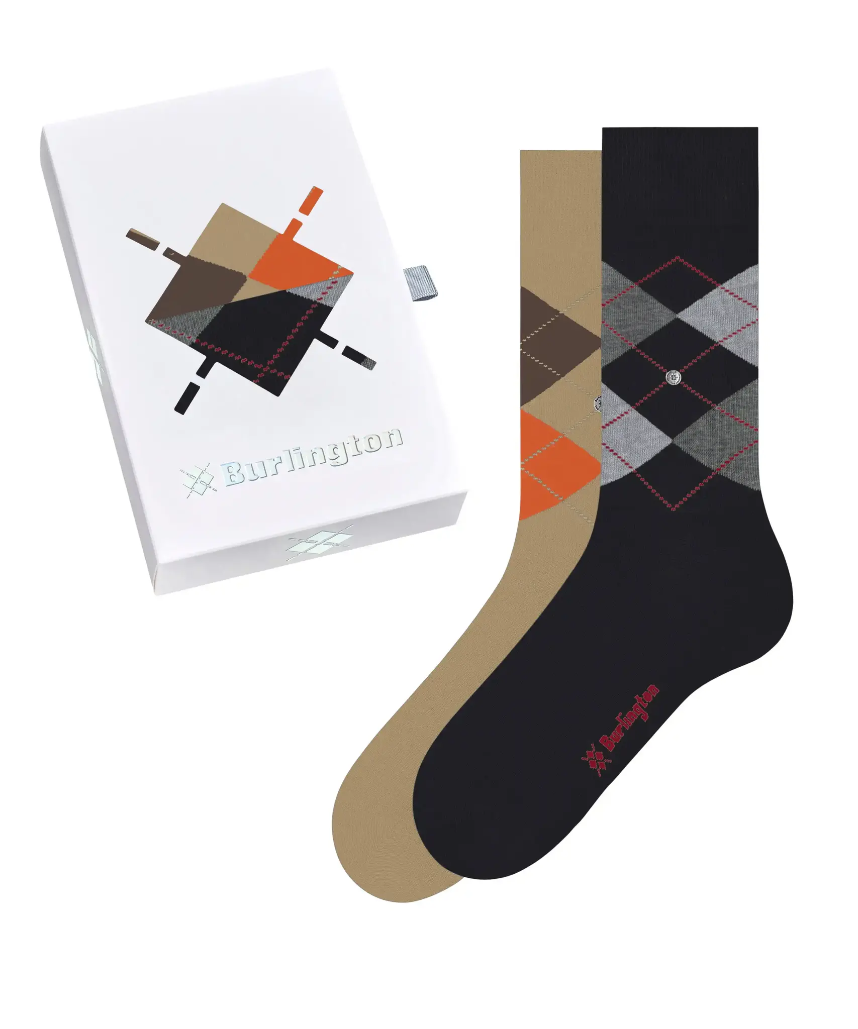 Burlington 2-paar heren sokken - Cadeau verpakking - Gift Box - Katoenen sokken met ruit print