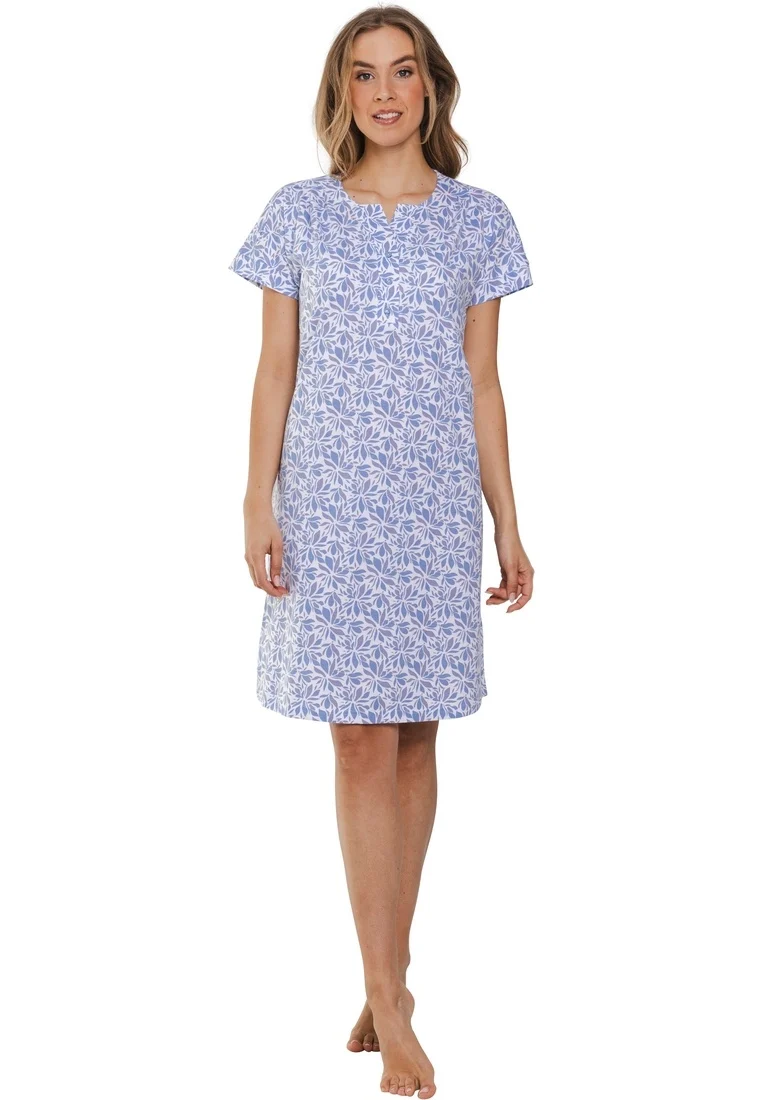 Pastunette dames nachthemd katoen korte mouw - Blue Floral - Met knoopsluiting nachtjapon