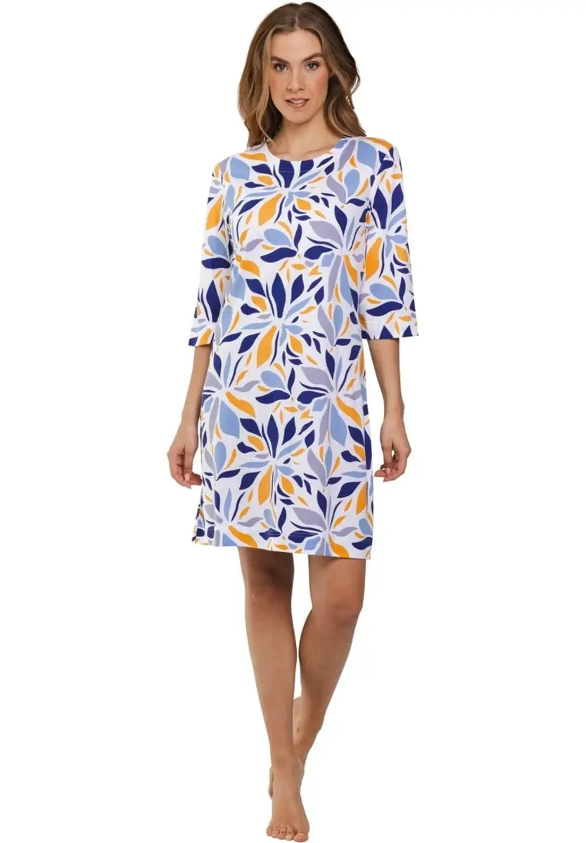 Pastunette dames zomer nachthemd driekwart mouw - Graphic Leaves - Modal dames nachtjapon