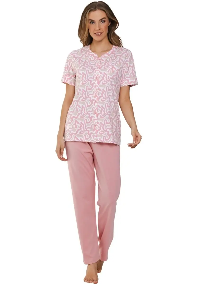 Pastunette dames katoenen pyjama korte mouw met knoopsluiting - Roze dames zomer pyjama