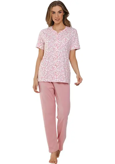 Pastunette dames katoenen pyjama korte mouw met knoopsluiting - Roze Pastunette dames katoenen pyjama korte mouw met knoopsluiting - Roze