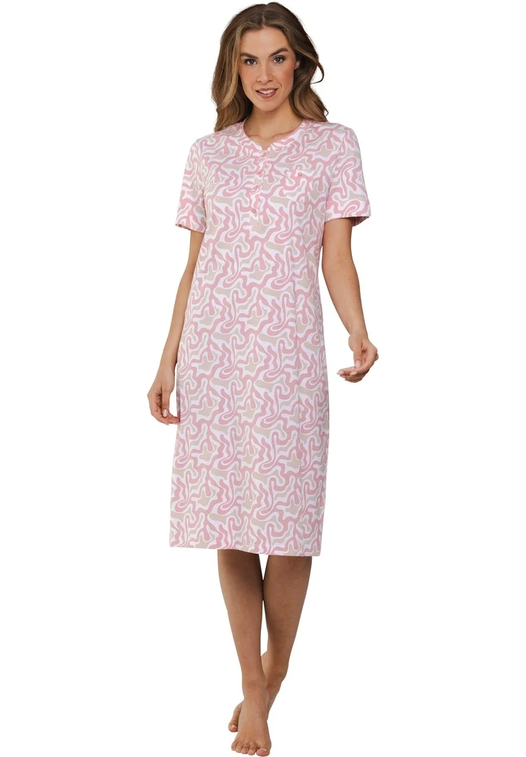 Pastunette dames nachthemd korte mouw - Lang Roze nachtjapon met knoopsluiting