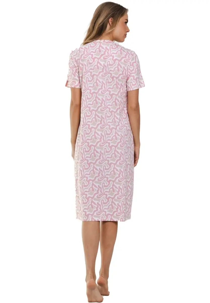 Pastunette dames nachthemd korte mouw - Lang Roze nachtjapon met knoopsluiting