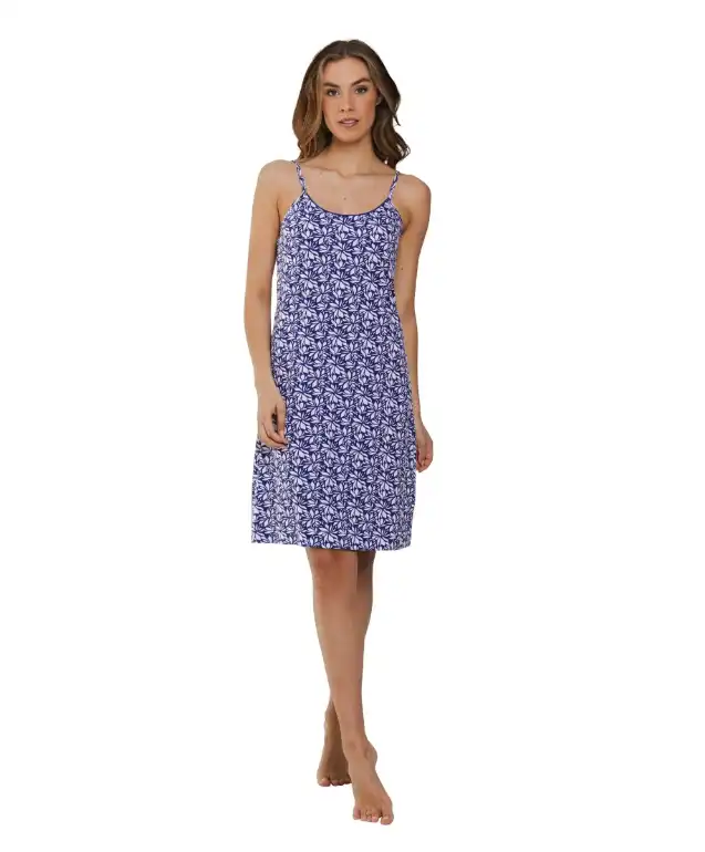 Pastunette katoenen dames nachthemd - blauw nachtjapon spaghetti bandjes - smalle bandjes - zomer nachtmode dames