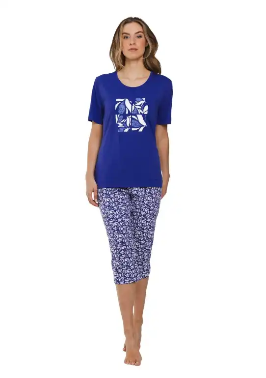 Pastunette dames capri pyjama - Shortama - Donkerblauw zomer pyjama dames driekwart broek - Korte mouwen