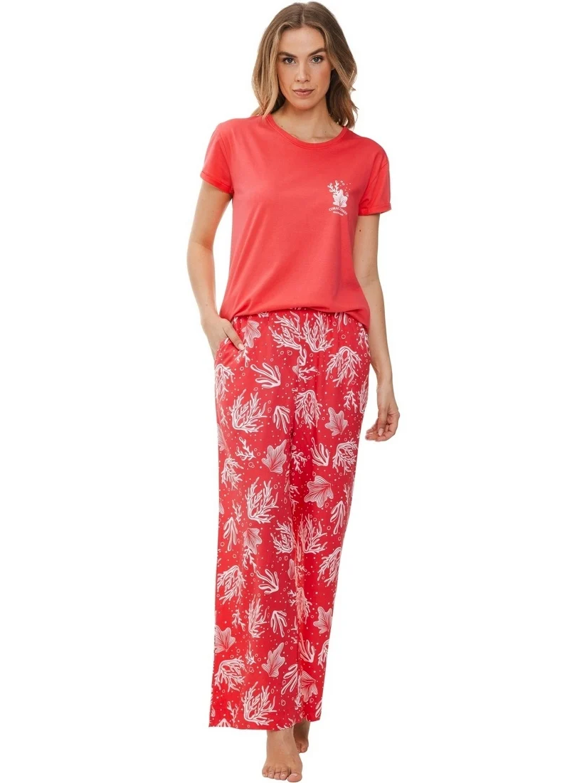 Rebelle Dames Pyjama katoen met k/m en wijde pijpen - Sea Plants