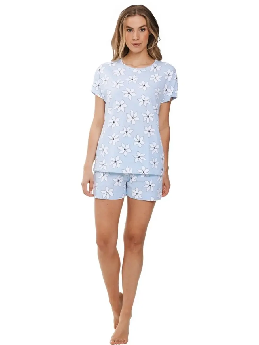 Rebelle dames shortama katoen - Blue Flower - Zomer pyjama