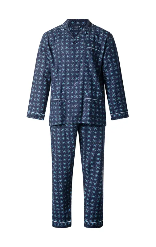 Gentlemen flanellen heren pyjama - 9444 - Donkerblauw - 100% katoenen knoopsluiting pyjama