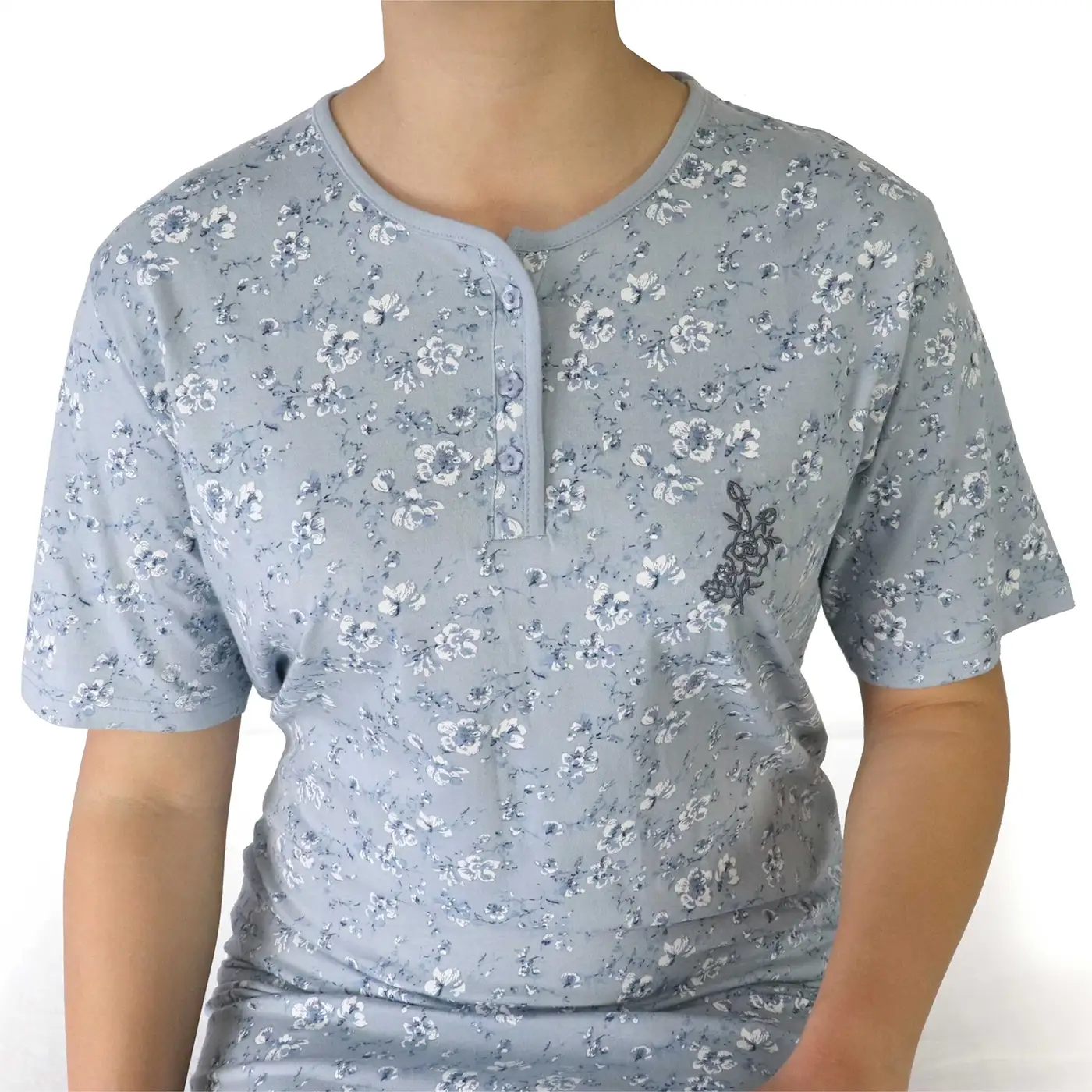 Tenora dames nachthemd knoopsluiting - korte mouw - Lichtblauw
