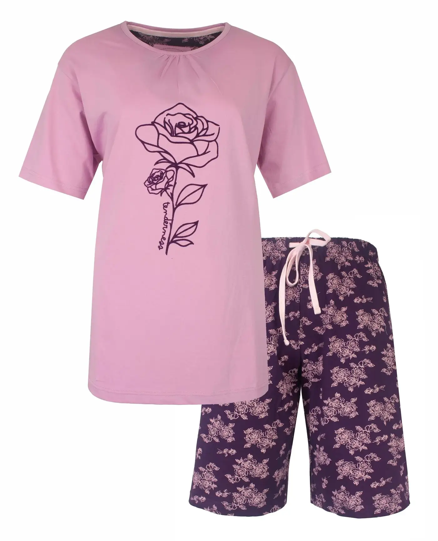Tenderness dames shortama katoen - Paarse bloem
