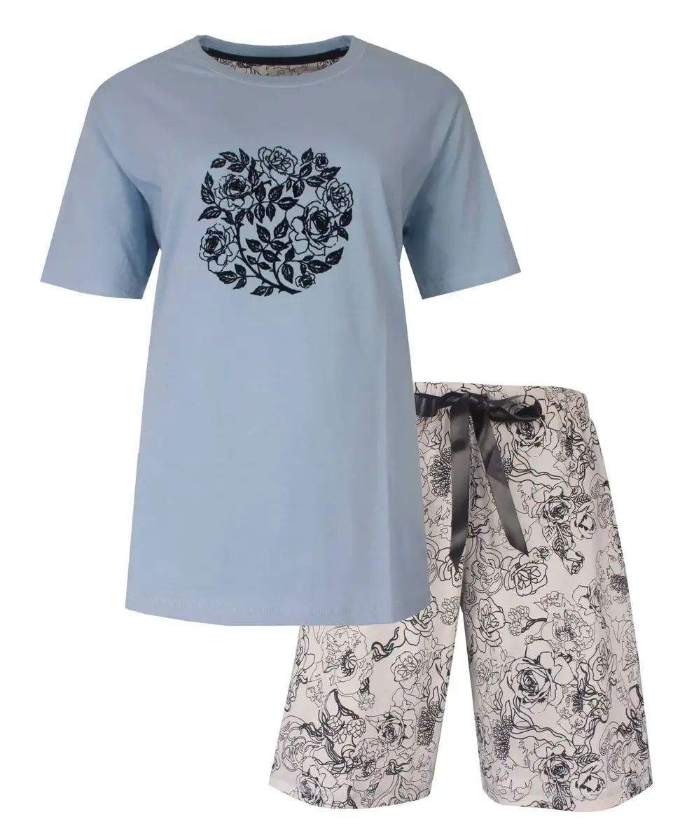 Medaillon dames shortama katoen - "Grey Flower" Korte mouwen - Korte broek Medaillon dames shortama katoen - "Grey Flower" Korte mouwen - Korte broek