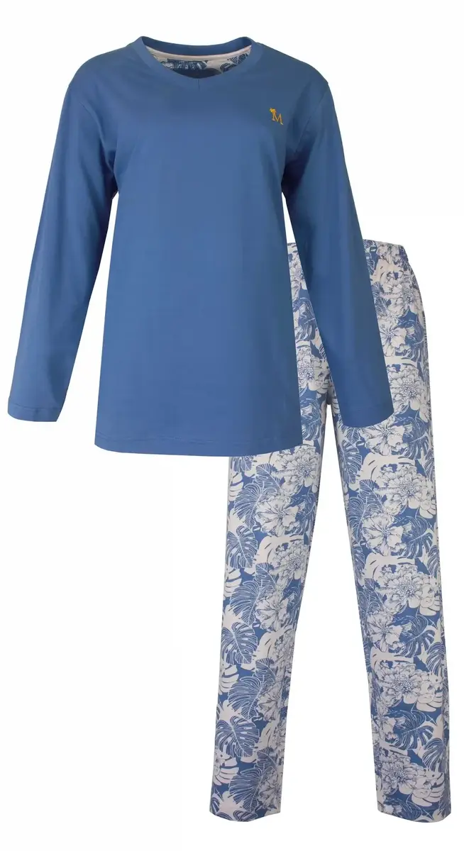 Medaillion katoenen dames pyjama lange mouw - Blauwe bloem Medaillion katoenen dames pyjama lange mouw - Blauwe bloem
