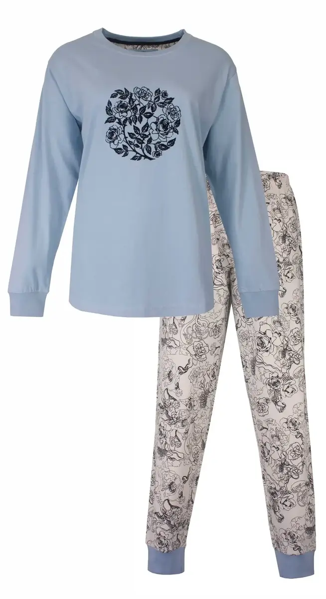 Medaillion katoenen dames pyjama lange mouw - Grey Flower Medaillion katoenen dames pyjama lange mouw - Grey Flower