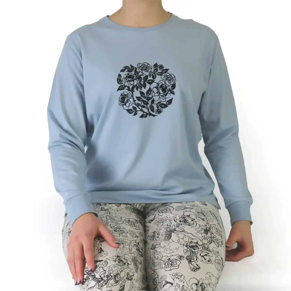 Medaillion katoenen dames pyjama lange mouw - Grey Flower Medaillion katoenen dames pyjama lange mouw - Grey Flower