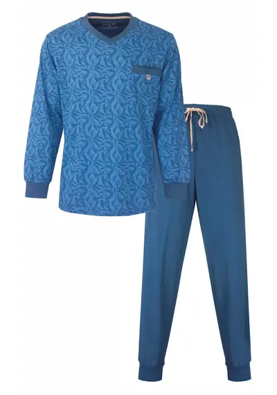 M.E.Q. Heren pyjama lange mouwen katoen tricot - Blauw M.E.Q. Heren pyjama lange mouwen katoen tricot - Blauw