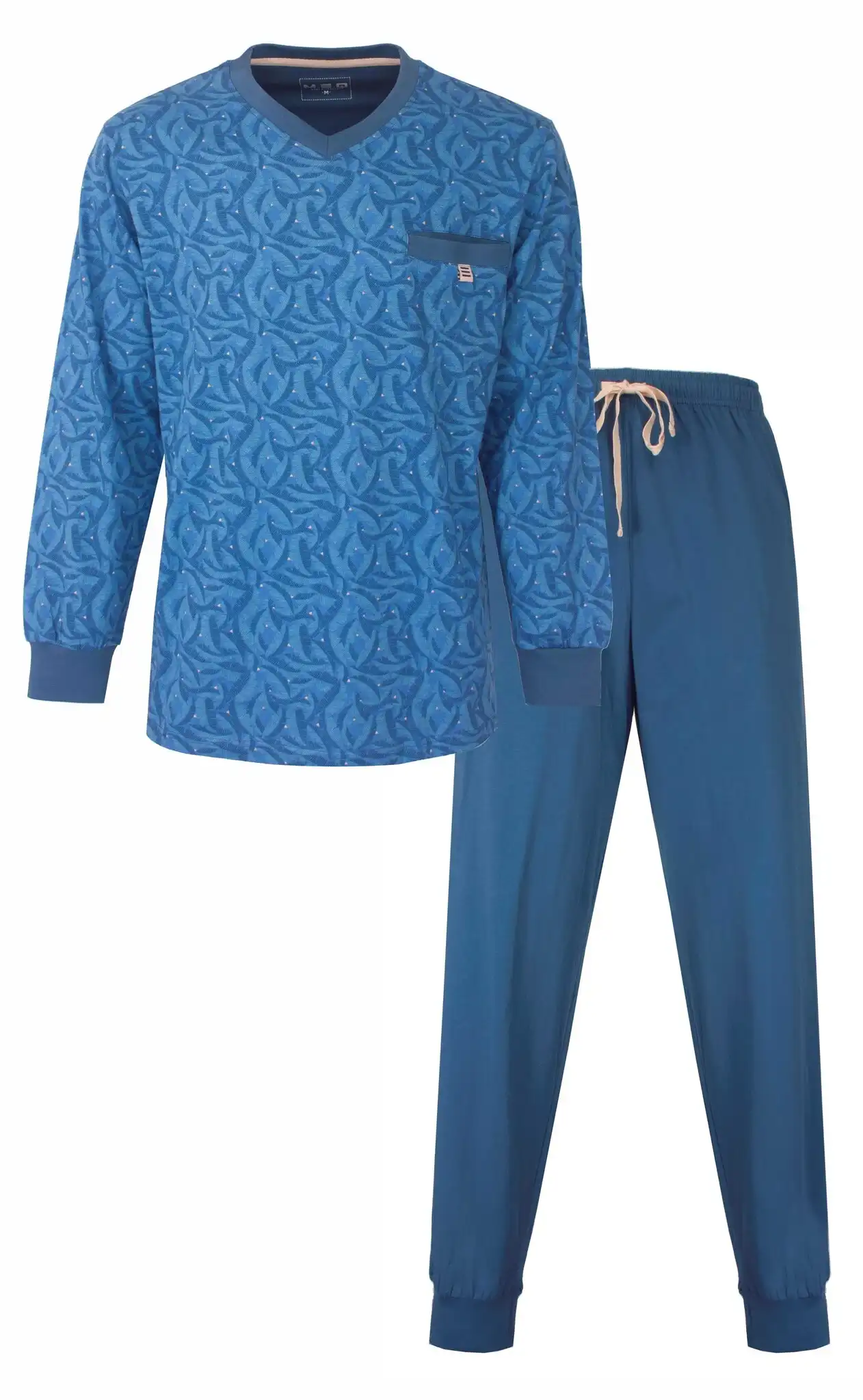 M.E.Q. Heren pyjama katoen tricot - Blauwe zomer pyjama lange mouwen lange broek