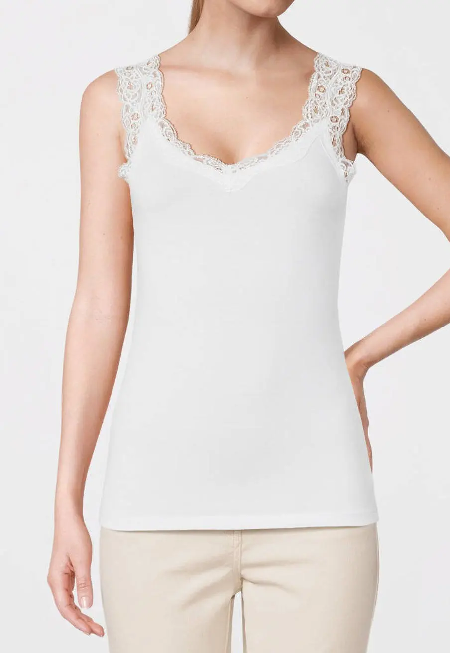 Pieces hemdje met kant - Lace Top - Barbera - Viscose kanten onderhemd - Singlet met brede bandjes - Zwart - Huidskleur - Wit - Lingerie top