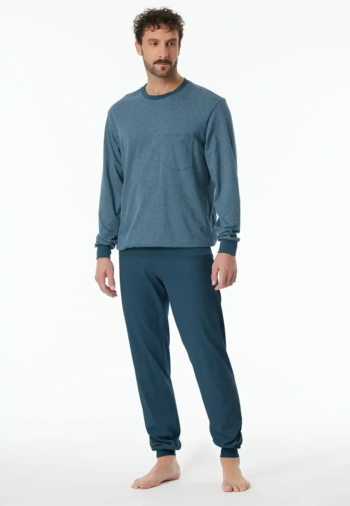 Schiesser heren lange pyjama - Comfort - 181156 - Lblw - Blauwe 100% katoenen mannen pyjama