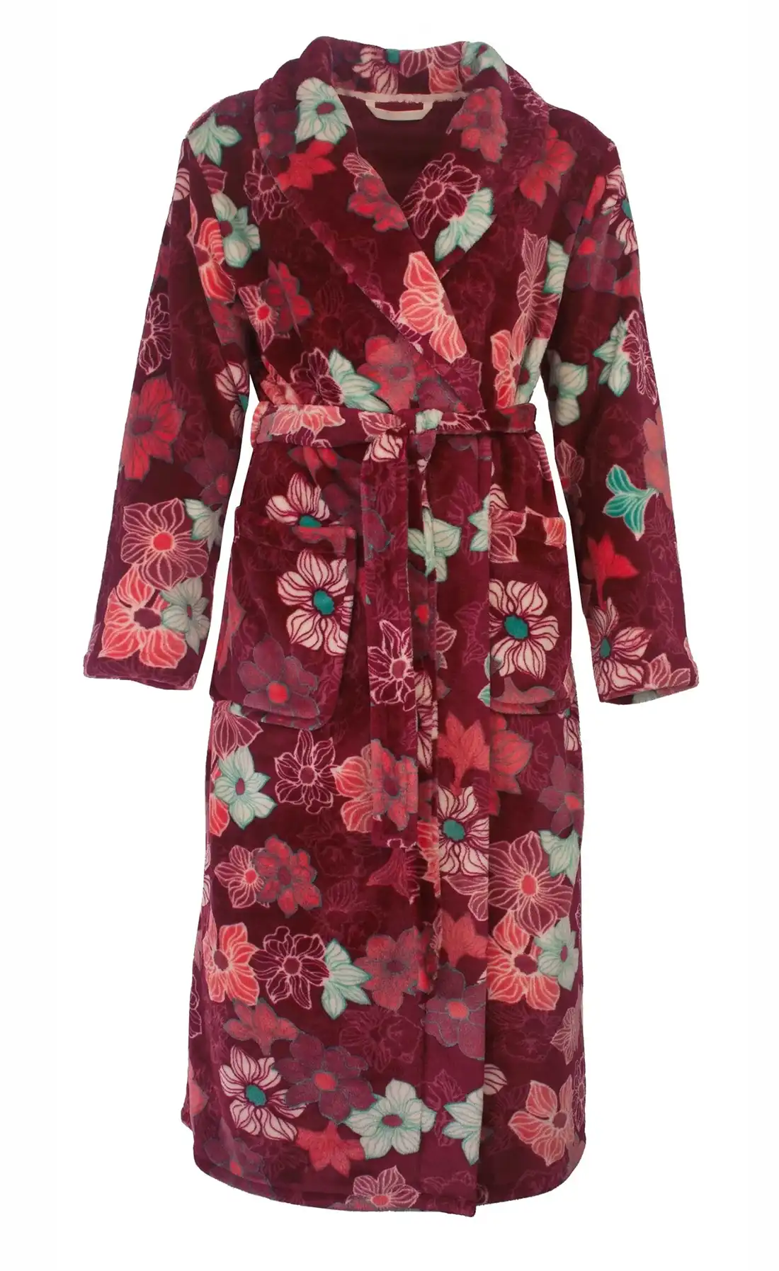 Tenderness dames badjas fleece - Red Flower - Warme winter ochtendjas