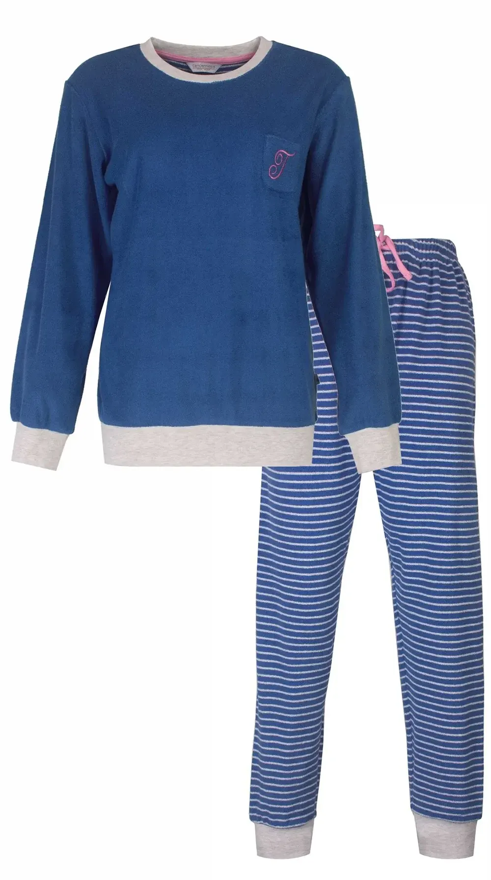 Tenderness Warme Badstof dames pyjama - Winter Blue - Warm pyjama pak met boordjes