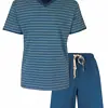 M.E.Q. Heren shortama katoen - V-hals - Blauw gestreept