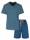 M.E.Q. Heren shortama katoen - V-hals - Blauw gestreept