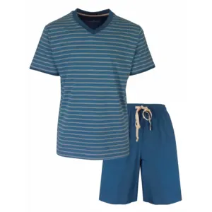 M.E.Q. Heren shortama katoen - V-hals - Blauw gestreept