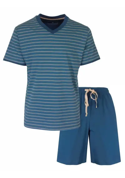 M.E.Q. Heren shortama katoen - V-hals - Blauw gestreept M.E.Q. Heren shortama katoen - V-hals - Blauw gestreept