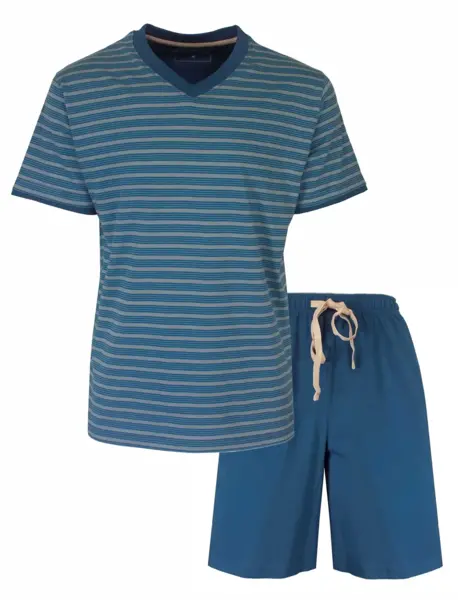 M.E.Q. Heren shortama katoen - V-hals - Blauw gestreept