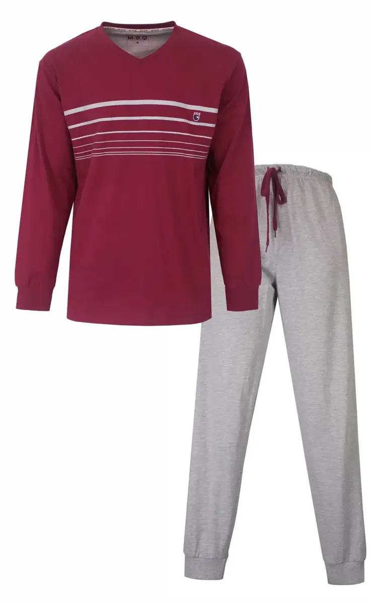 M.E.Q. Heren pyjama lange mouwen katoen - V-hals - Rood