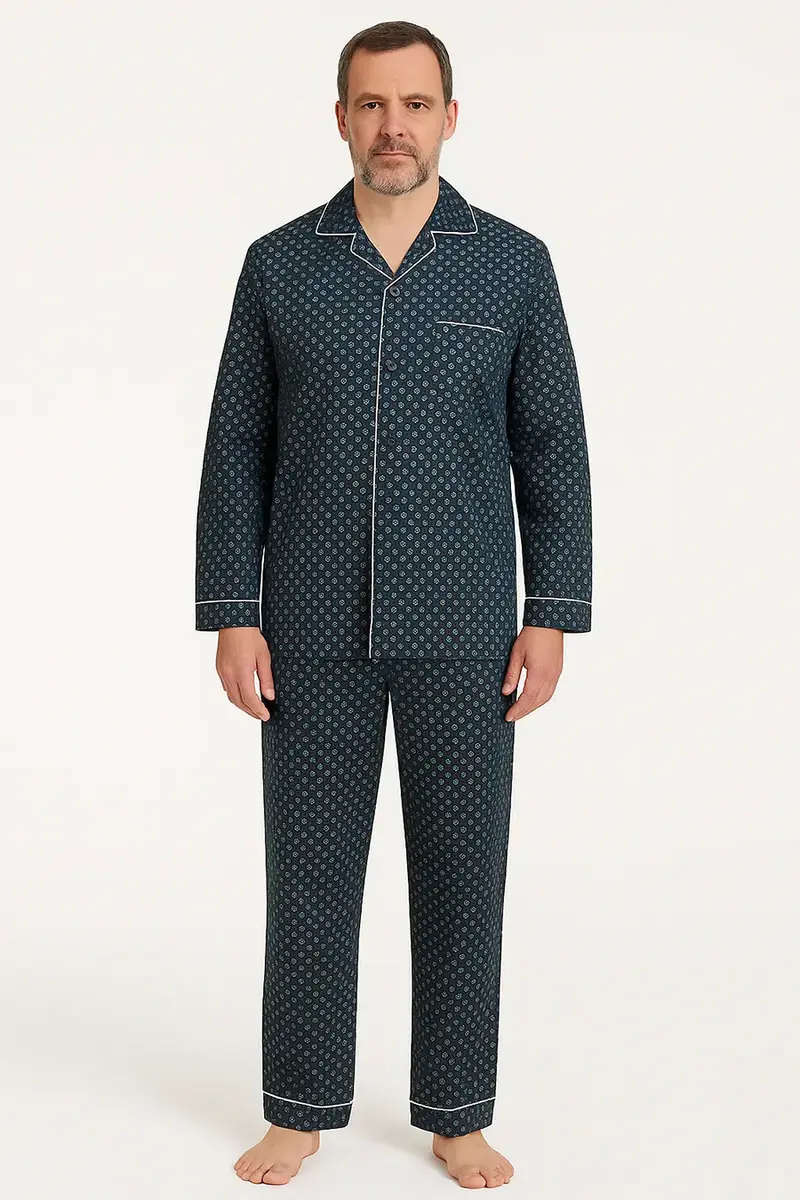 Gentlemen katoenen heren pyjama met knoopsluiting - Blauw