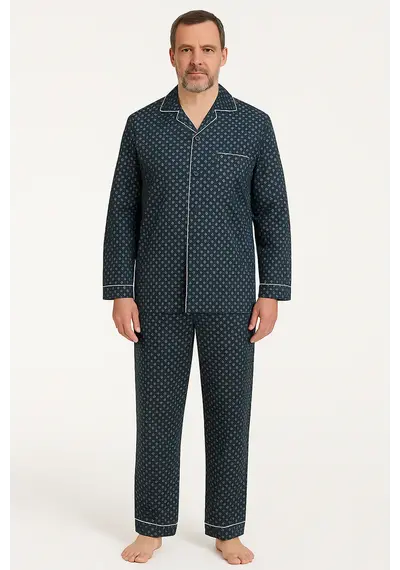 Gentlemen katoenen heren pyjama met knoopsluiting - Blauw Gentlemen katoenen heren pyjama met knoopsluiting - Blauw
