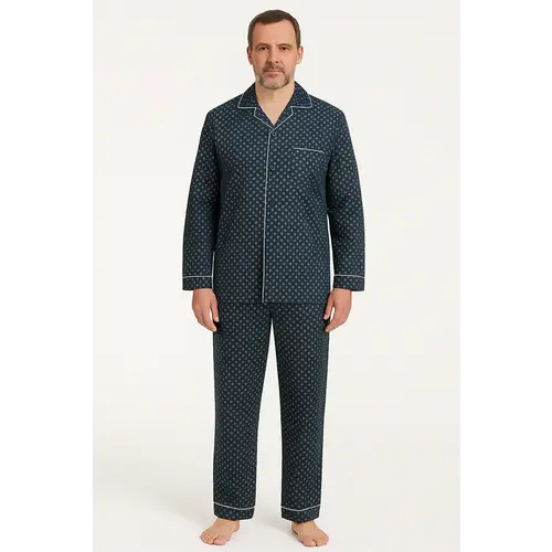 Gentlemen katoenen heren pyjama met knoopsluiting - Blauw Gentlemen katoenen heren pyjama met knoopsluiting - Blauw