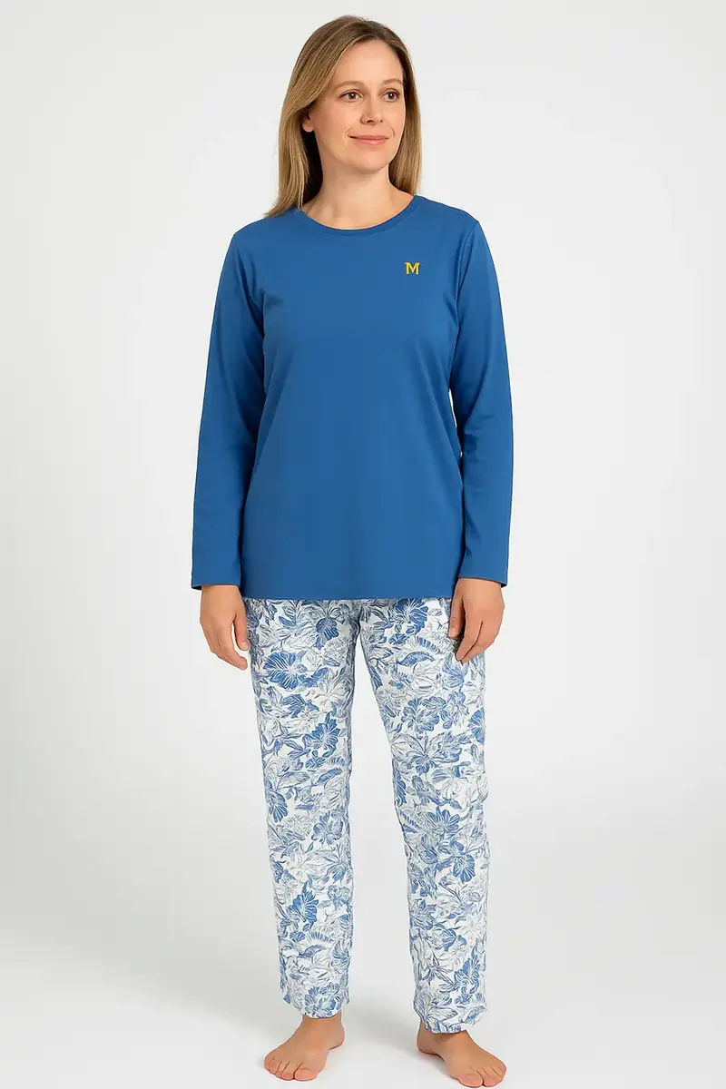 Medaillion katoenen dames pyjama lange mouw - Blauwe bloem
