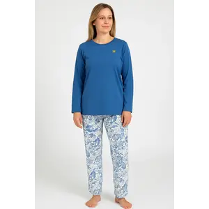 Medaillion katoenen dames pyjama lange mouw - Blauwe bloem Medaillion katoenen dames pyjama lange mouw - Blauwe bloem