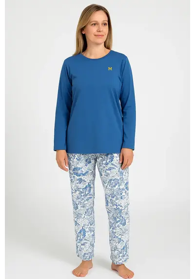 Medaillion katoenen dames pyjama lange mouw - Blauwe bloem