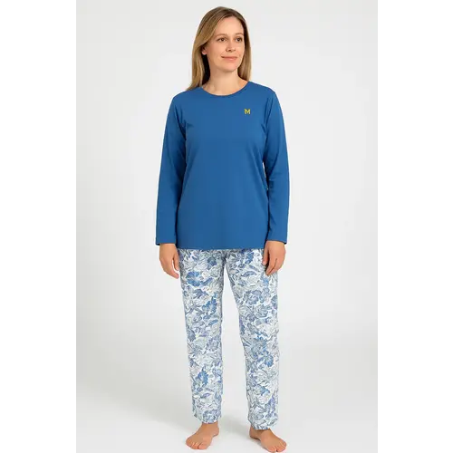 Medaillion katoenen dames pyjama lange mouw - Blauwe bloem Medaillion katoenen dames pyjama lange mouw - Blauwe bloem