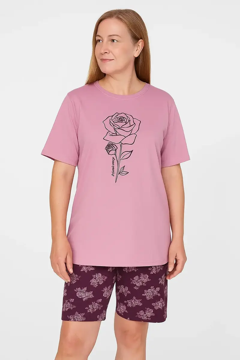 Tenderness dames shortama katoen - Paarse bloem