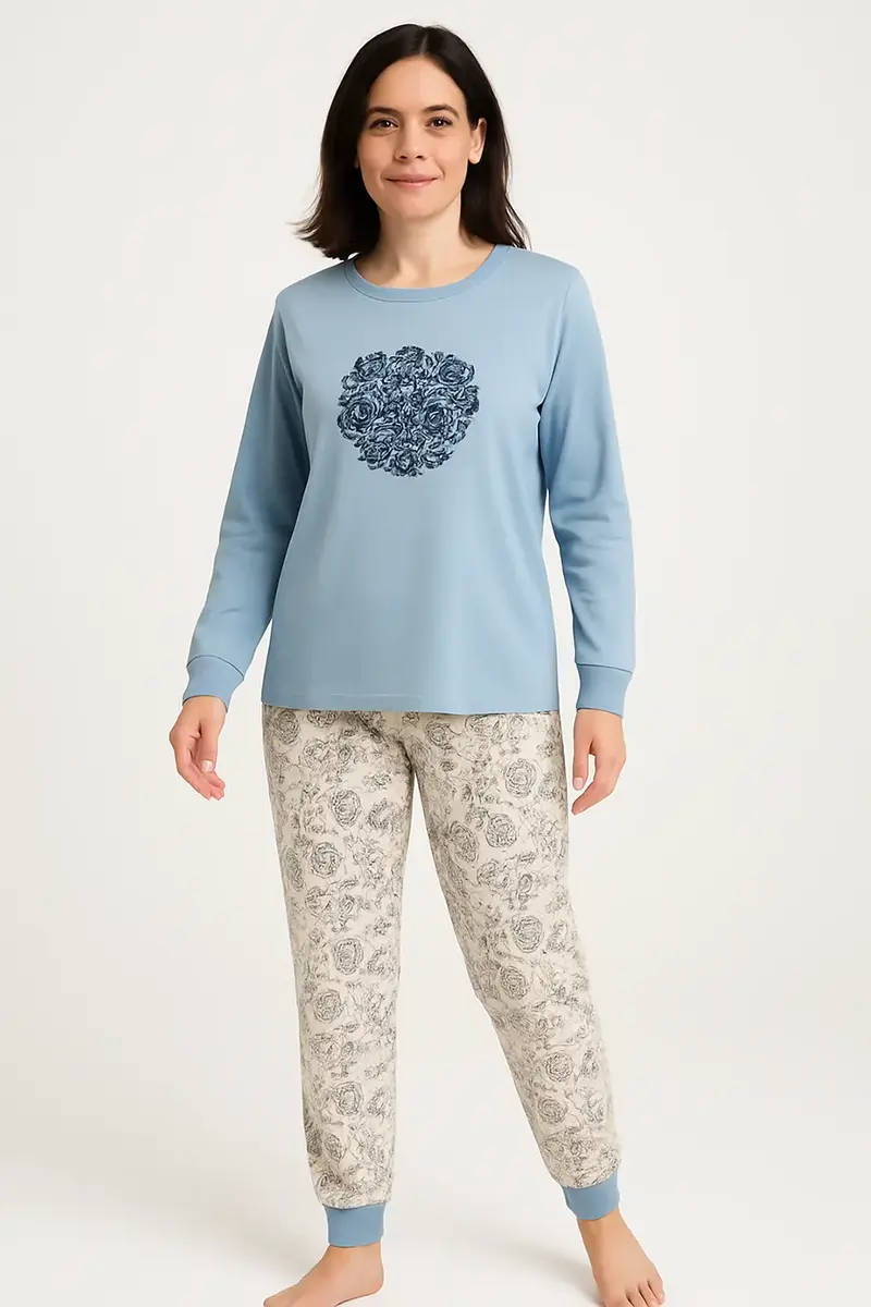 Medaillion katoenen dames pyjama lange mouw - Grey Flower