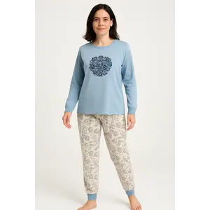 Medaillion katoenen dames pyjama lange mouw - Grey Flower Medaillion katoenen dames pyjama lange mouw - Grey Flower