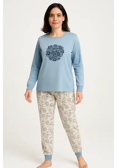 Medaillion katoenen dames pyjama lange mouw - Grey Flower Medaillion katoenen dames pyjama lange mouw - Grey Flower