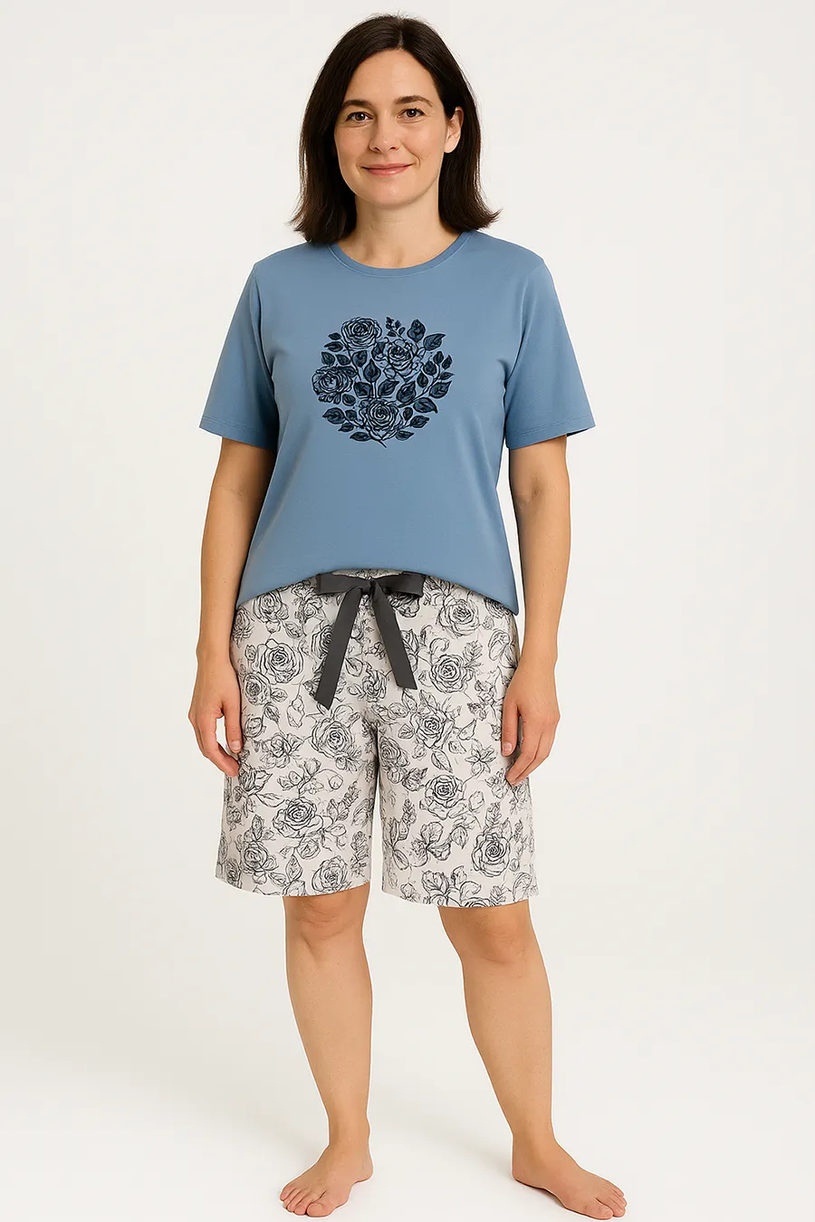 Medaillon dames shortama katoen - "Grey Flower"