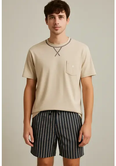 M.E.Q.  Heren shortama - Katoen - ronde hals - Beige M.E.Q.  Heren shortama - Katoen - ronde hals - Beige